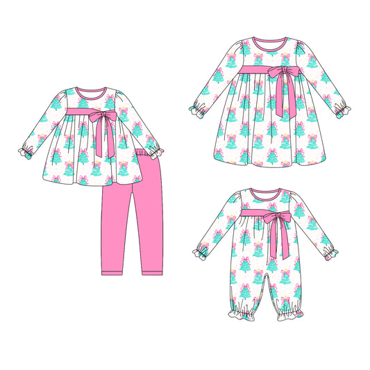 25.5.29 custom each style moq 5eta 4-6week Sibling Sisters Christmas trees bow baby girl long sleeve pants sets and dress and rompers match family design