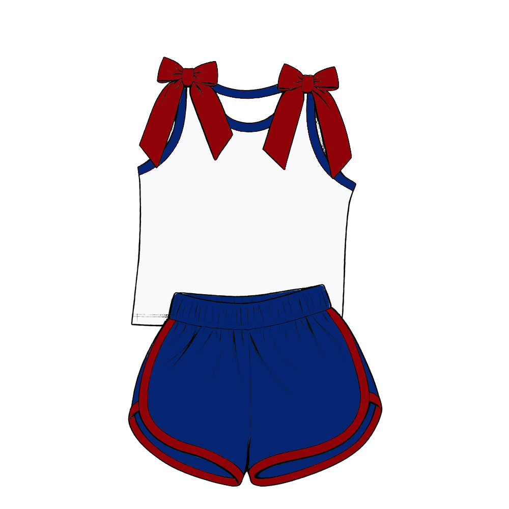 custom moq 5 mix size Baby Girls Blue Bow Sleeveless Top Shorts Summer Casual Clothes Set