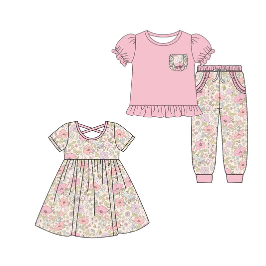 25.9.13 custom each style moq 5eta 6-8week Sibling Sisters floral pink baby girl short sleeve pants sets and dress match family design