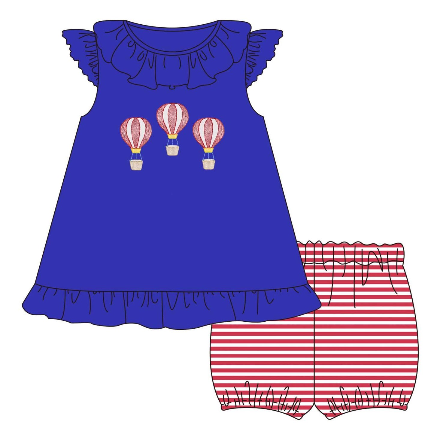 5.18custom each style moq 5eta 4-5week Sibling Sister Hot air balloon print blue short sleeves with red striped shorts girls and boys outfits and baby romper match family design