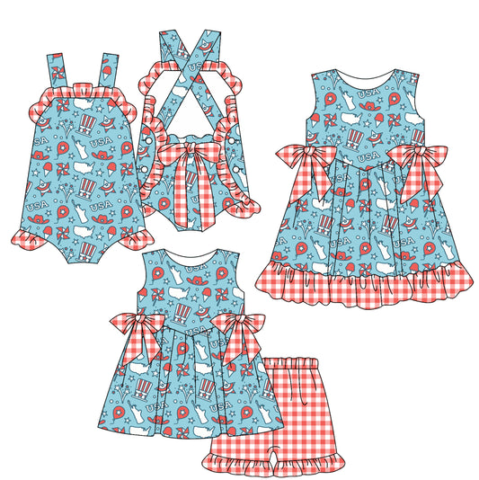 4.4 custom each style moq 5eta 4-6week Sibling Sisters USA red baby girl short sleeve shorts sets and dress and rompers match family design