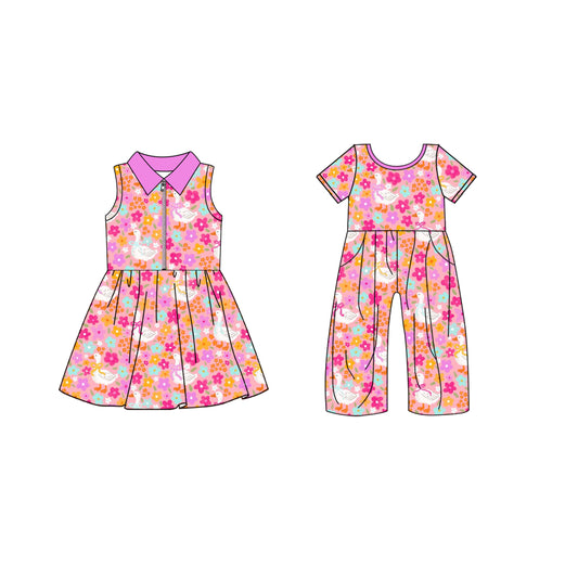 4.19 custom each style moq 5eta 4-6week Sibling Sister goose floral baby girl short sleeve yoga dresses and jumpsuit match design