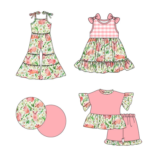 2.19 custom each style moq 5eta 4-6week Sibling Sister pig floral baby girl sets and dress and jumpsuit match family design