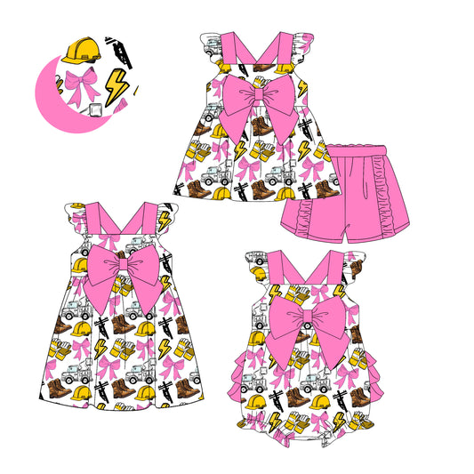 3.13 custom each style moq 5eta 4-6week Sibling Sisters bow baby girl short sleeve shorts sets and dress and rompers match family design