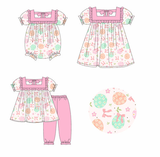 25.9.26 custom each style moq 8 eta 6-8week Sibling Sisters easter bow baby girl short sleeve pants sets and dress and rompers match family design