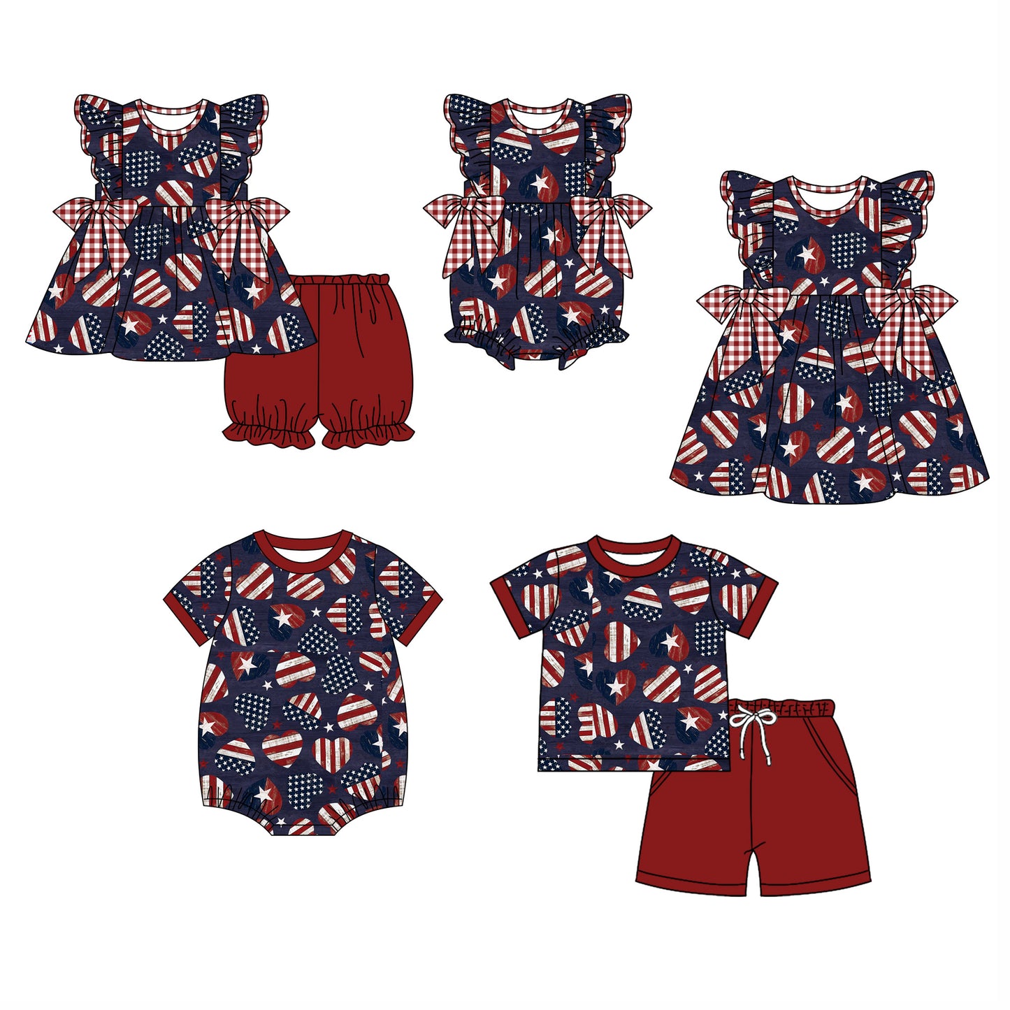 11.27 custom each style moq 5eta 4-6week Sibling Sister 4th of july baby girl short sleeve shorts sets and sets 2 and girls romper and boy romper and dress match design