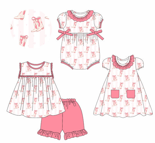 2.13 custom each style moq 5eta 4-6week Sibling Sisters bow boots baby girl short sleeve shorts sets and dress and rompers match family design