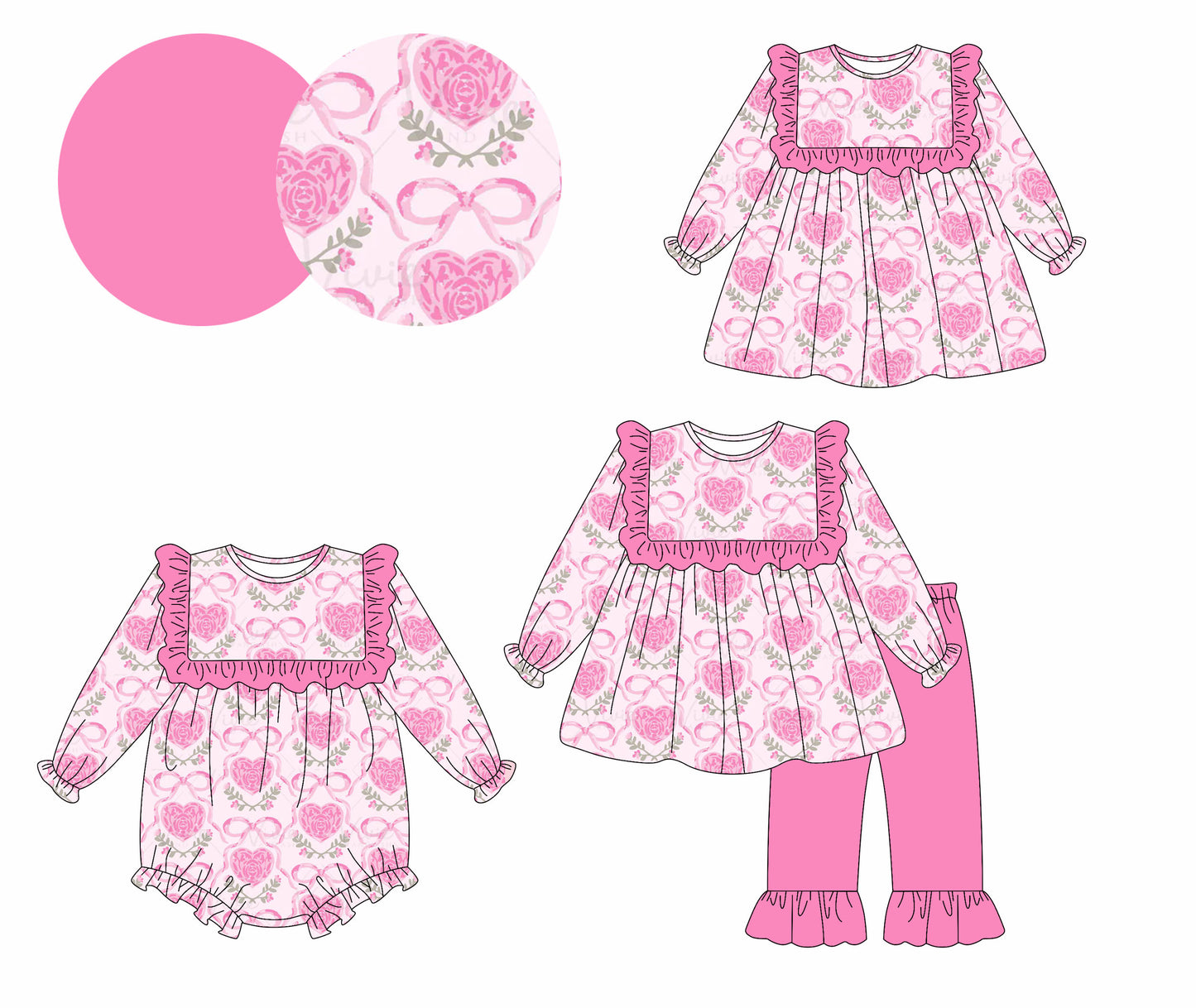 25.9.3 custom each style moq 5eta 4-6week Sibling Sisters love bow floral baby girl long sleeve pants sets and dress and rompers match family design