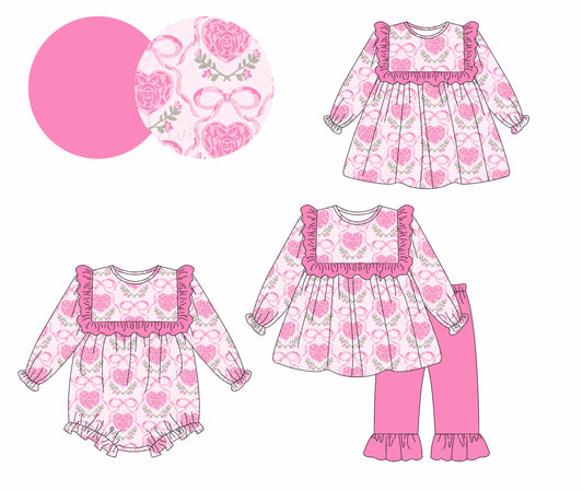 25.9.3 custom each style moq 5eta 4-6week Sibling Sisters love bow floral baby girl long sleeve pants sets and dress and rompers match family design