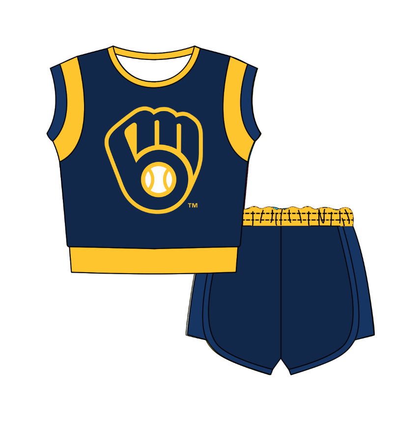 Custom moq 5 mix size milk silk summer teams Navy Blue  Sleeveless O-Neck Top And Shorts Set Cute And Comfortable Kids' Outfit