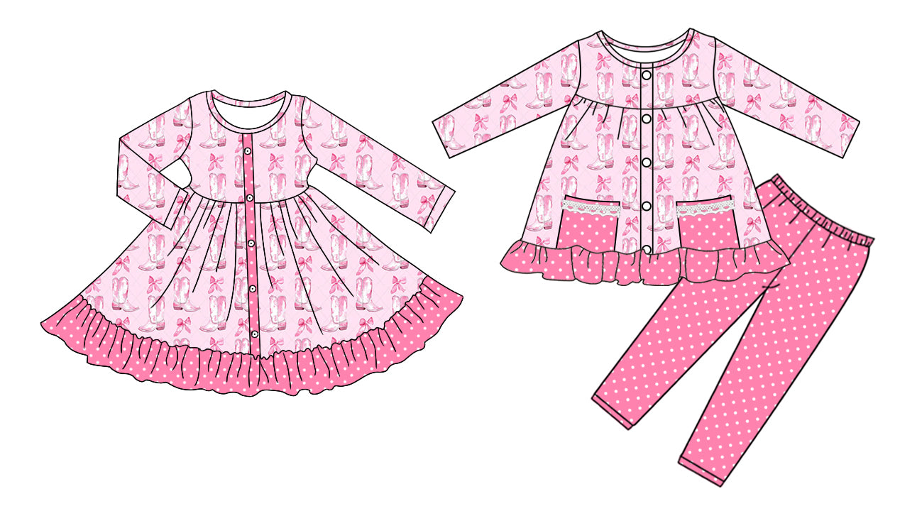 25.7.28 custom each style moq 5eta 4-6week Sibling Sisters boot bow baby girl long sleeve pants sets and dress match family design