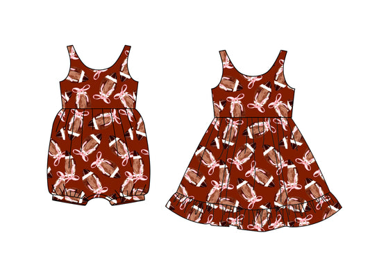 3.18 custom each style moq 5eta 4-6week Sibling Sisters rugby bow baby girl short sleeve dress and rompers match family design