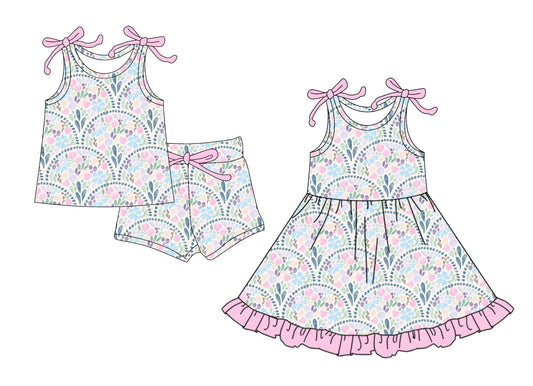 25.6.6 custom each style moq 5eta 4-6week Sibling Sister bow floral baby girl short sleeve shorts sets and dresses match design