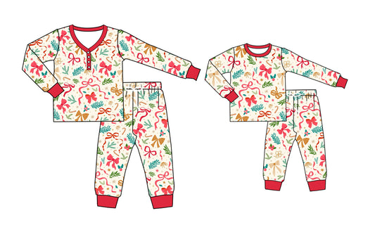 25.7.2 custom each style moq 5eta 4-6week Sibling Sister Christmas bow trees long sleeve pants sets and adult sets match design