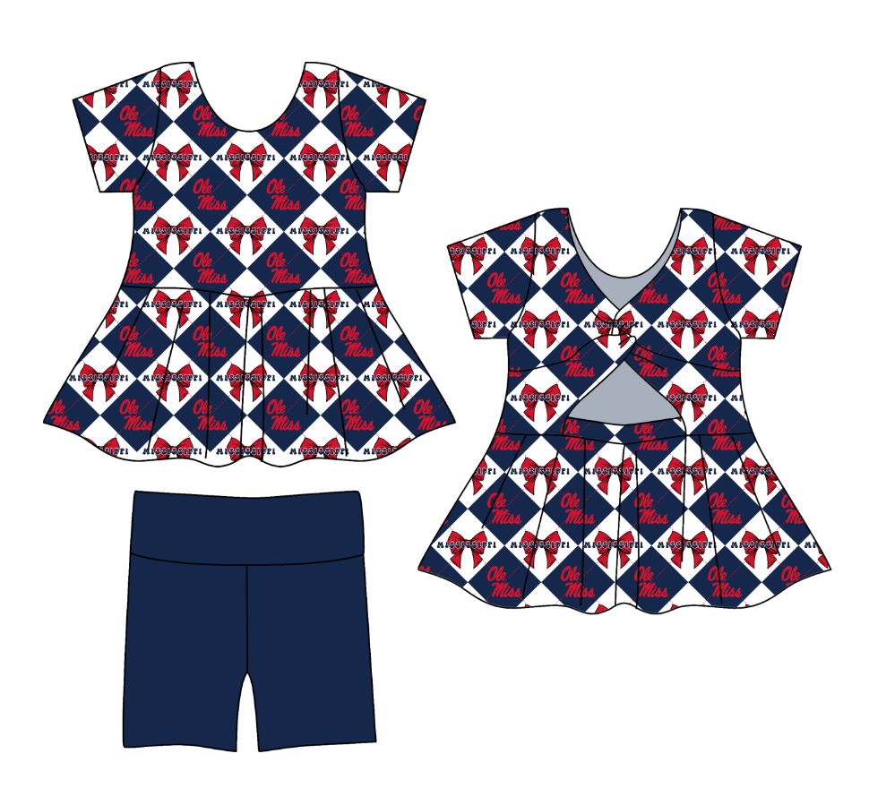 Custom moq 5 mix size Navy blue Plaid Baby Girl's Short-Sleeved Shirt And Shorts Team Outfit Children's Clothing Set for Girls