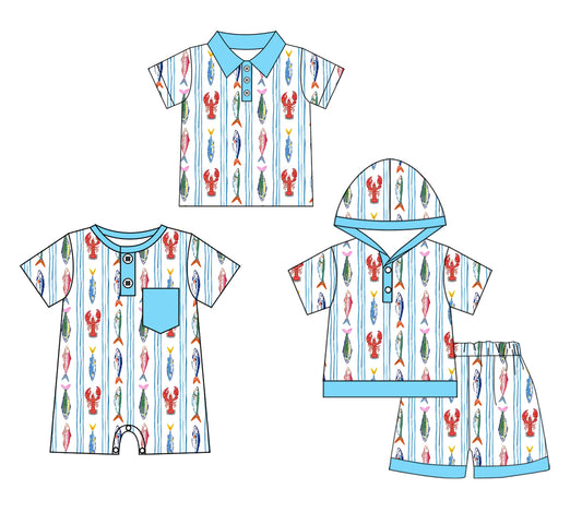 3.14 Custom moq 5 mix size Sibling Baby Boy's Stripe Short-Sleeved Hooded Top Shorts Set Matching Short-Sleeved Polo Shirt Romper Outfit for Infants