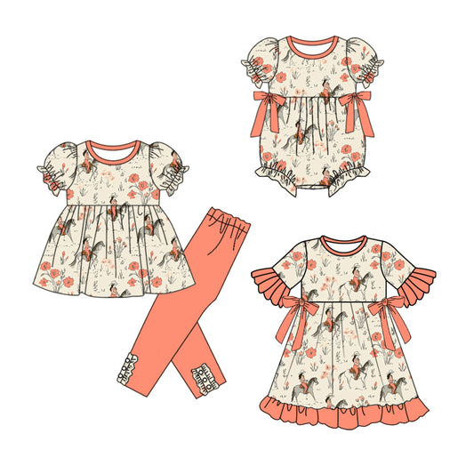 25.9.19 custom each style moq 8 eta 6-8week Sibling Sisters riding horse floral baby girl short sleeve pants sets and dress and rompers match family design