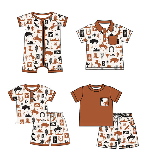 4.1 custom each style moq 5eta 4-6week Sibling Sister riding horse cow head baby boy sets 1 and sets 2 and boy rompers and top match family design