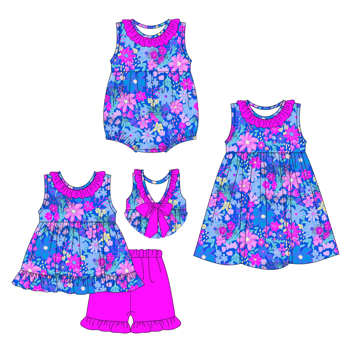 3.31 custom each style moq 5eta 4-6week Sibling Sisters floral baby girl short sleeve shorts sets and dress and rompers match family design