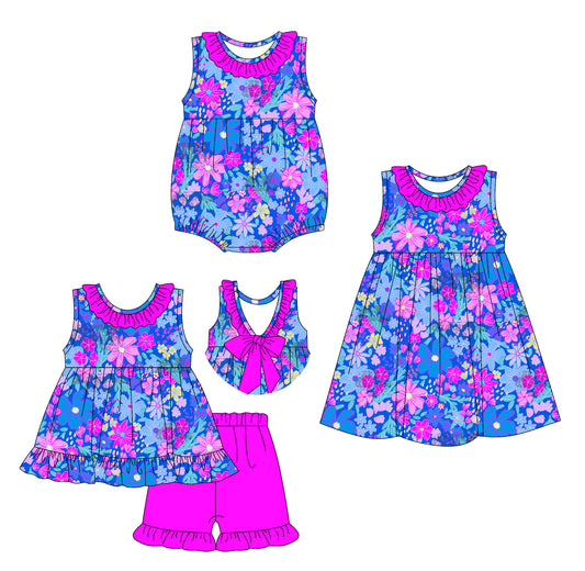 3.31 custom each style moq 5eta 4-6week Sibling Sisters floral baby girl short sleeve shorts sets and dress and rompers match family design