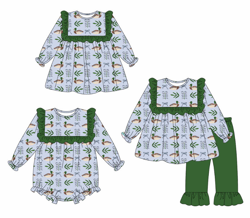 25.10.10 custom each style moq 5 eta 6-8week Sibling Sisters duck baby girl long sleeve pants sets and dress and rompers match family design