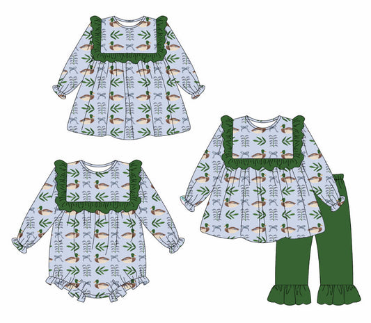 25.10.10 custom each style moq 5 eta 6-8week Sibling Sisters duck baby girl long sleeve pants sets and dress and rompers match family design