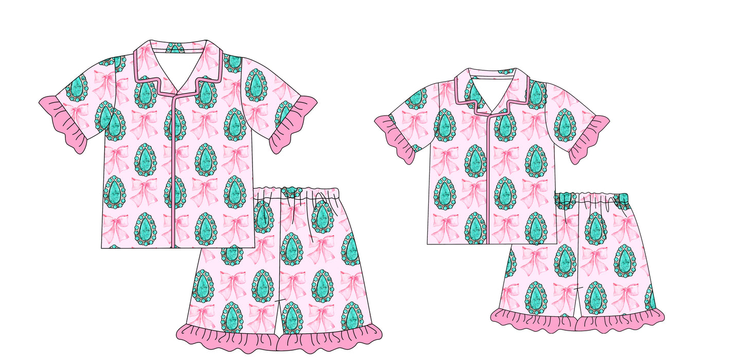 12.23 custom each style moq 5eta 4-6week Sibling Sister bow short sleeve shorts sets and adult sets match design