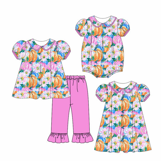 4.28 custom each style moq 5eta 4-6week Sibling Sisters floral pumpkin baby girl short sleeve pants sets and dress and romper match family design