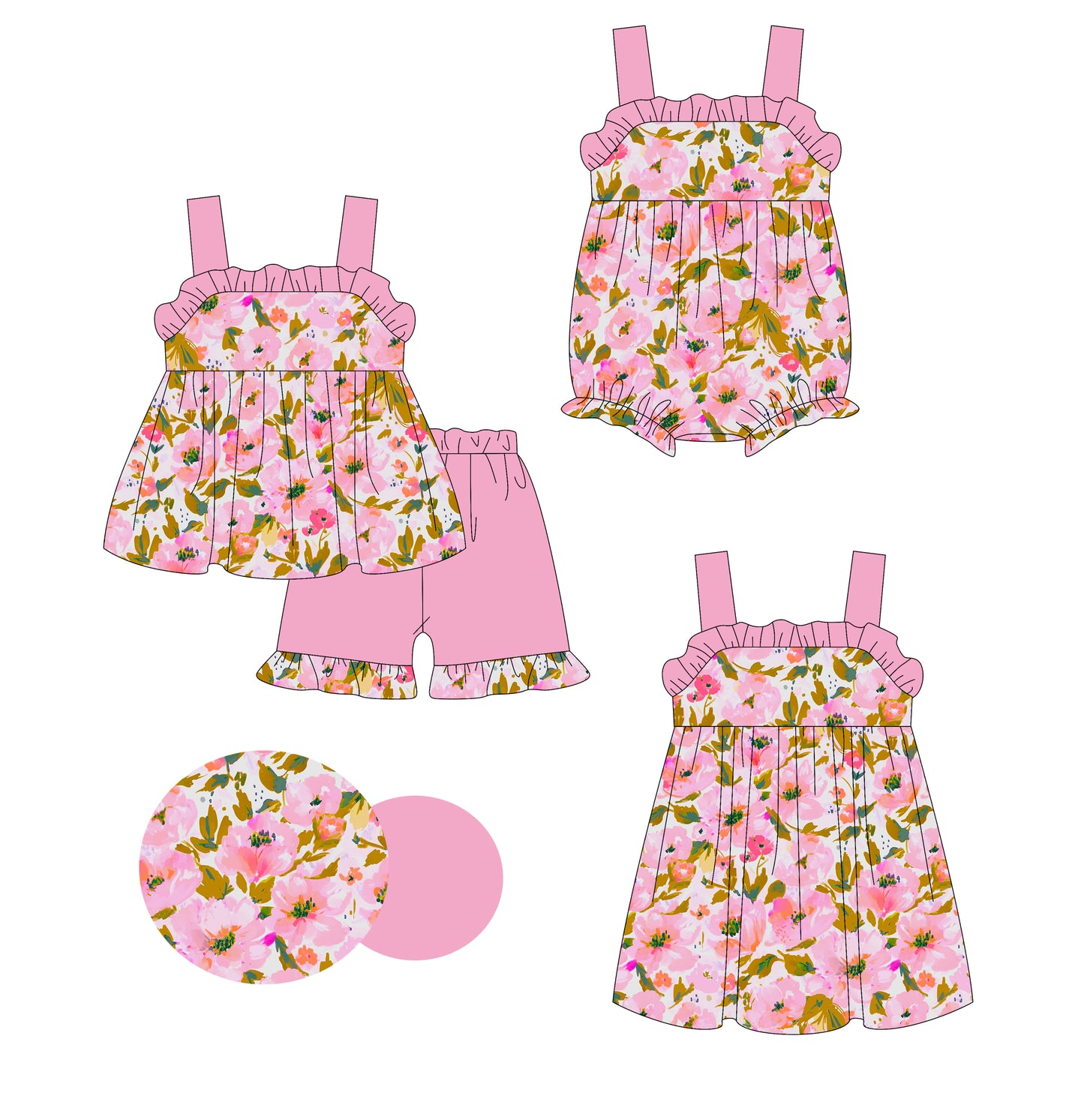 3.6 custom each style moq 5eta 4-6week Sibling Sisters floral baby girl short sleeve shorts sets and dress and rompers match family design