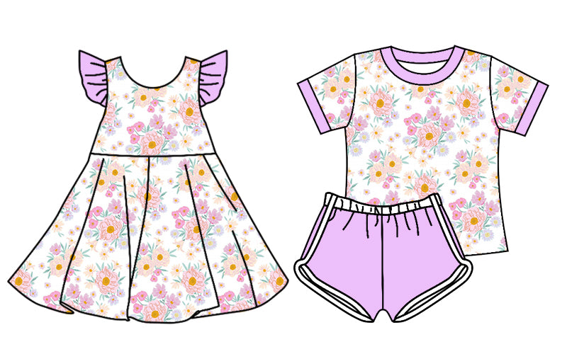 4.18 custom each style moq 5eta 4-6week Sibling Sister floral baby girl short sleeve shorts sets and dresses match design