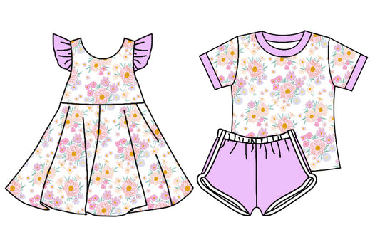 4.18 custom each style moq 5eta 4-6week Sibling Sister floral baby girl short sleeve shorts sets and dresses match design