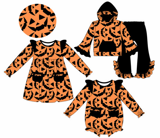 25.7.23 custom each style moq 5eta 4-6week Sibling Sisters pumpkin smiley baby girl long sleeve pants sets and dress and rompers match family design