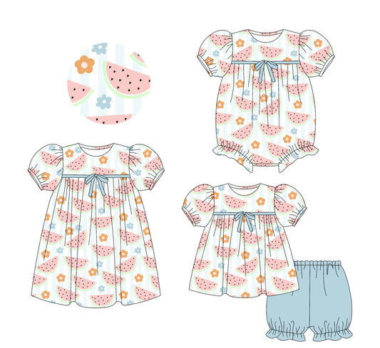 25.5.25 custom each style moq 5eta 4-6week Sibling Sisters watermelon floral baby girl short sleeve shorts sets and dress and rompers match family design