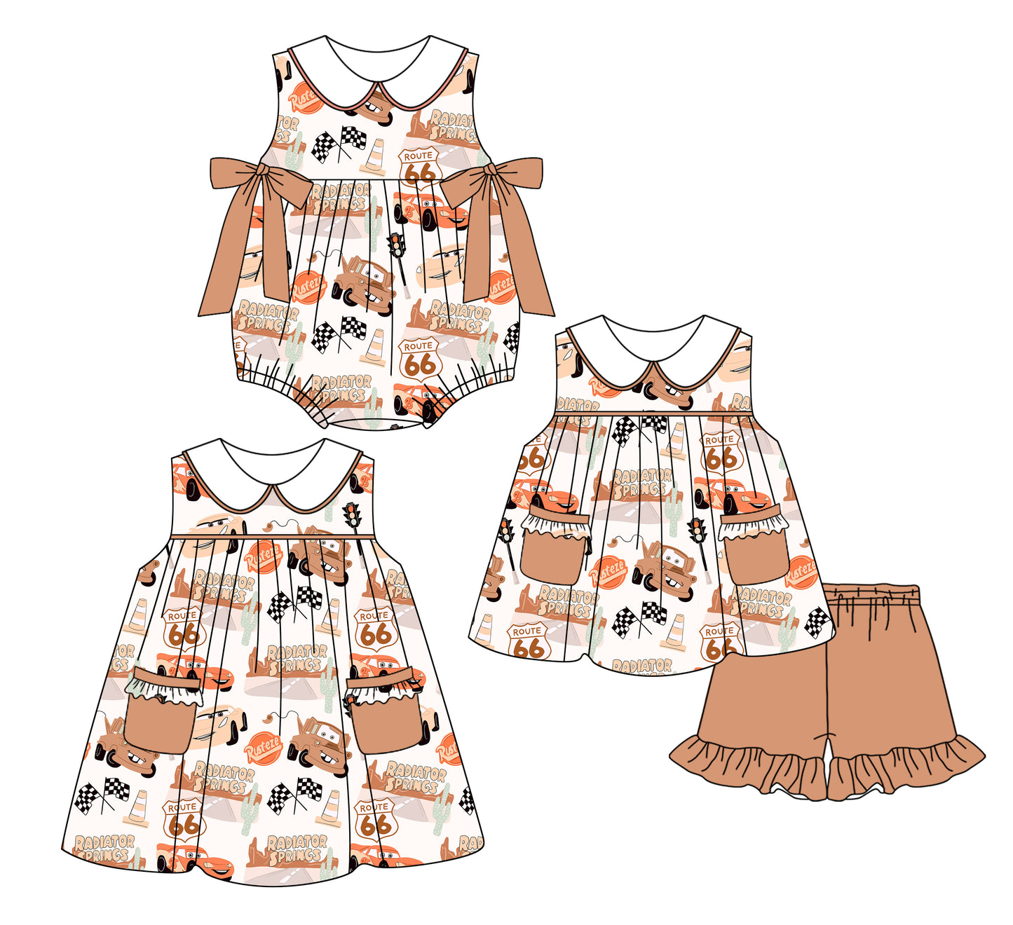 2.24 custom each style moq 5eta 4-6week Sibling Sisters cars baby girl short sleeve shorts sets and dress and rompers match family design