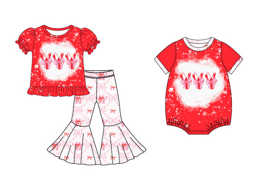 25.10.2 custom each style moq 8 eta 6-8week Sibling Sisters lobster bow baby girl clothes short sleeve pants sets and romper match family design