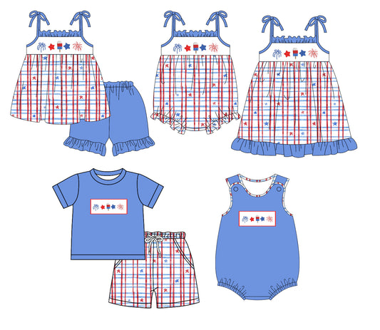 1.16 custom each style moq 5eta 4-6week Sibling Sister firework baby girl short sleeve shorts sets and sets 2 and boy romper and girl romper and dress match design