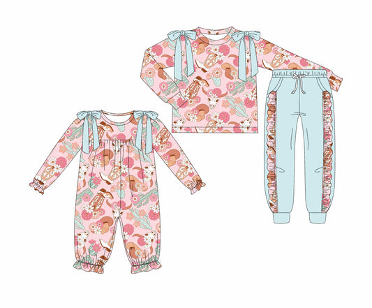 25.7.1 custom each style moq 5eta 4-6week Sibling Sisters cow head boots baby girl long sleeve pants sets and rompers match family design