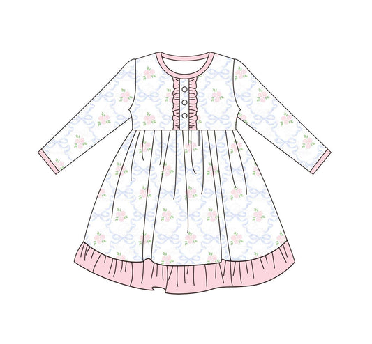 5.17custom each style moq 5eta 4-5week Sibling Sister flower print pink girls set and dress match family design