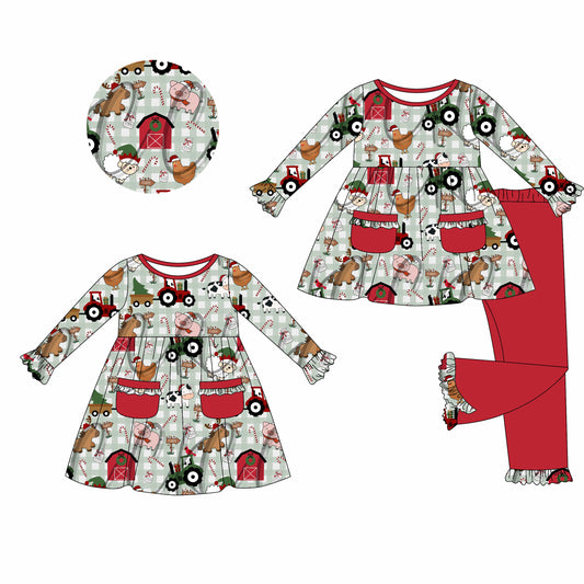 25.5.17 custom each style moq 5eta 4-6week Sibling Sisters Christmas farm animal baby girl long sleeve pants sets and dress match family design