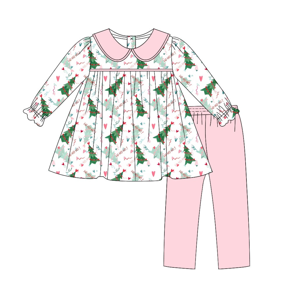 6.25 custom each style moq 5eta 4-6week Sibling Sister Christmas trees pink baby girls sets and dress and briefs sets match family design