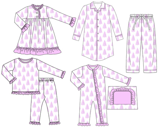 25.6.26 custom each style moq 5eta 4-6week Sibling Sisters Christmas trees baby girl long sleeve pants sets and adult top and adult pants and romper and dress match family design