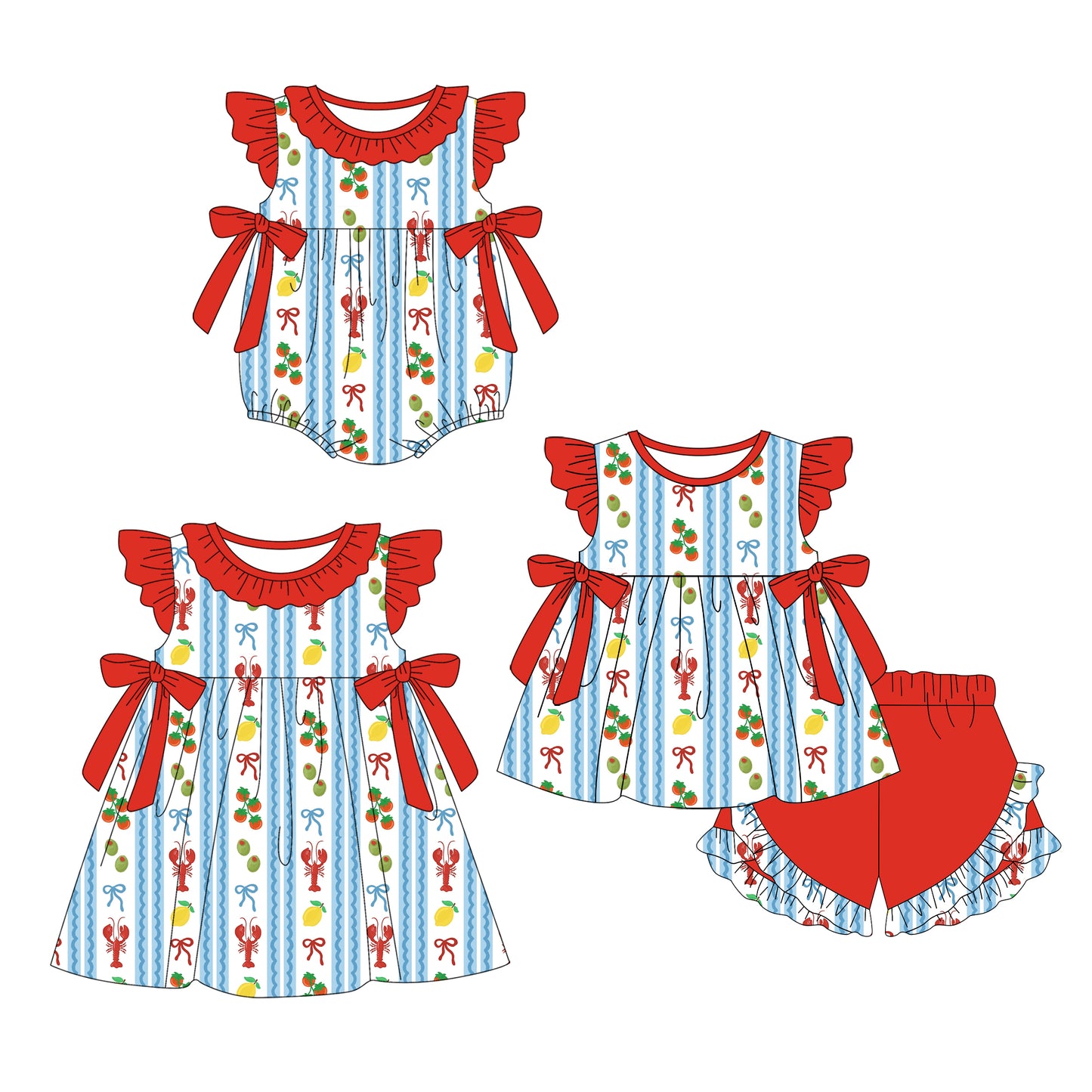 25.11.13 custom each style moq 5 eta 6-8week Sibling Sister lobster bow baby short sleeve shorts sets and romper and dress match design