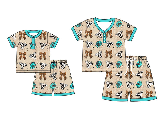 4.21 custom each style moq 5eta 4-6week Sibling Sister bow cow head short sleeve shorts sets and adult sets match design