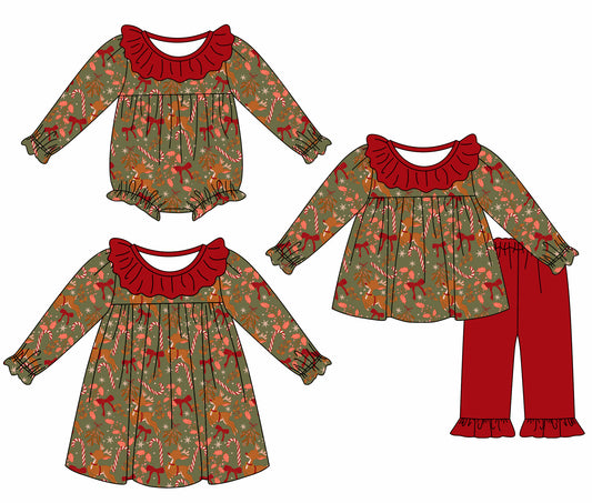 25.5.21 custom each style moq 5eta 4-6week Sibling Sisters Christmas deer bow baby girl long sleeve pants sets and dress and rompers match family design