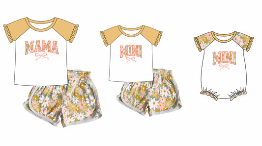 12.10 custom each style moq 5eta 4-6week Sibling Sister Mini floral baby girls short sleeve shorts sets and adult sets and romper match design