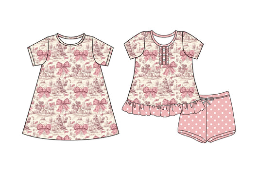 4.10 custom each style moq 5eta 4-6week Sibling Sister floral bow baby girl short sleeve shorts sets and dresses match design