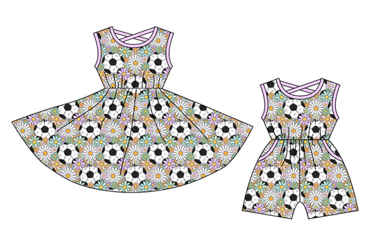 12.25 custom each style moq 5eta 4-6week Sibling Sister football floral baby girl short sleeve shorts dress and jumpsuit match design