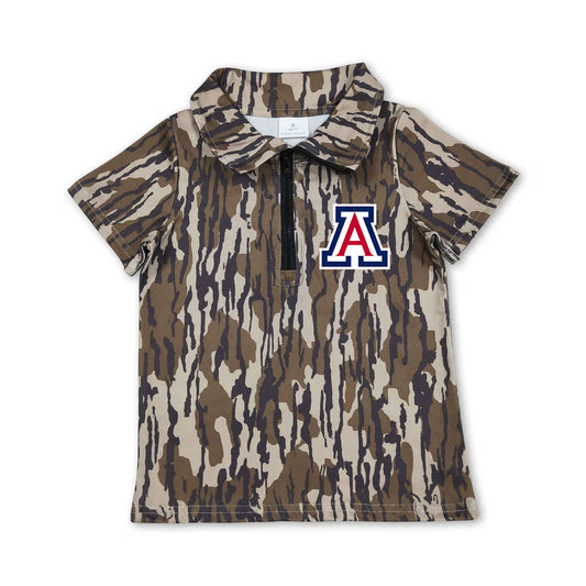 Custom moq 5 mix size milk silk summer teams Little Boys Olive Camo Short Sleeve Zipper Pullovers Top