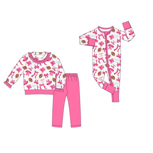 25.8.4 custom each style moq 5eta 4-6week Sibling Sister rugby bow pink baby girl long sleeve pants sets and rompers match family design