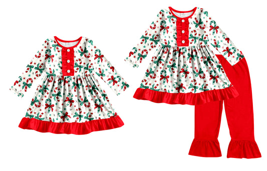 25.8.28 custom each style moq 5eta 4-6week Sibling Sisters Christmas bow red baby girl long sleeve pants sets and dress match family design